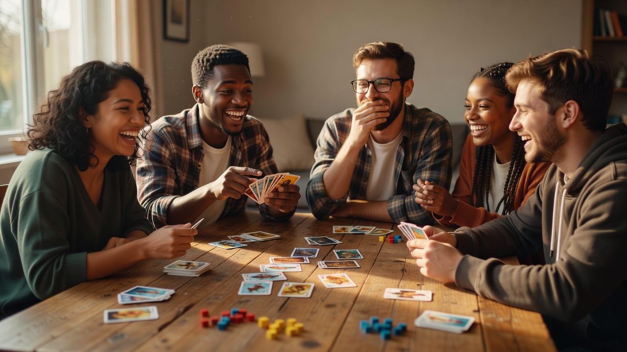 A group of friends laughing while learning a tabletop card game on a wooden dining table