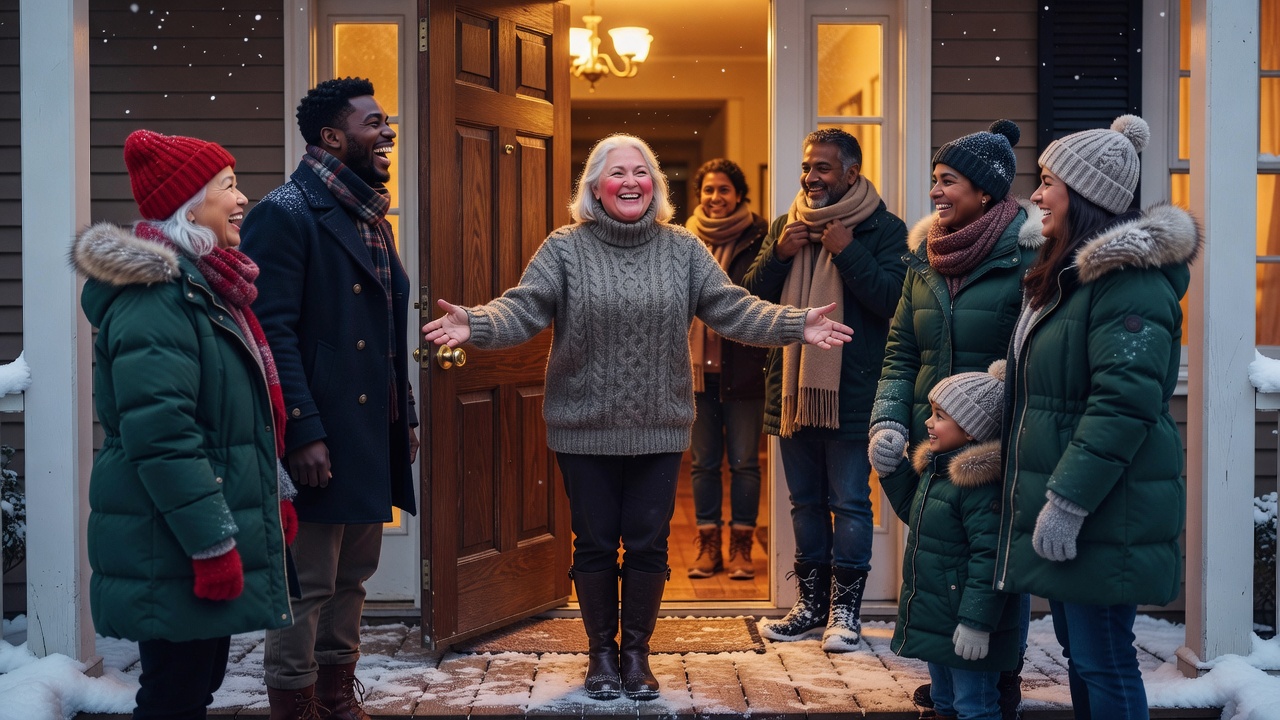 A host warmly welcoming a diverse group of guests at the front door on a winter evening