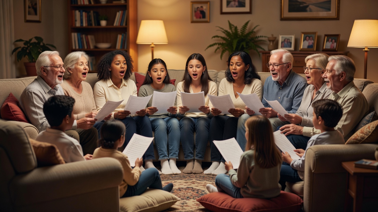 A multigenerational group singing together from song sheets in a softly lit living room